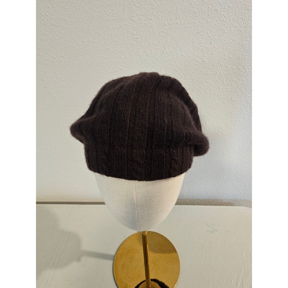 Lord & Taylor One Size Brown Cashmere Ribbed Knit Beret Beanie Hat